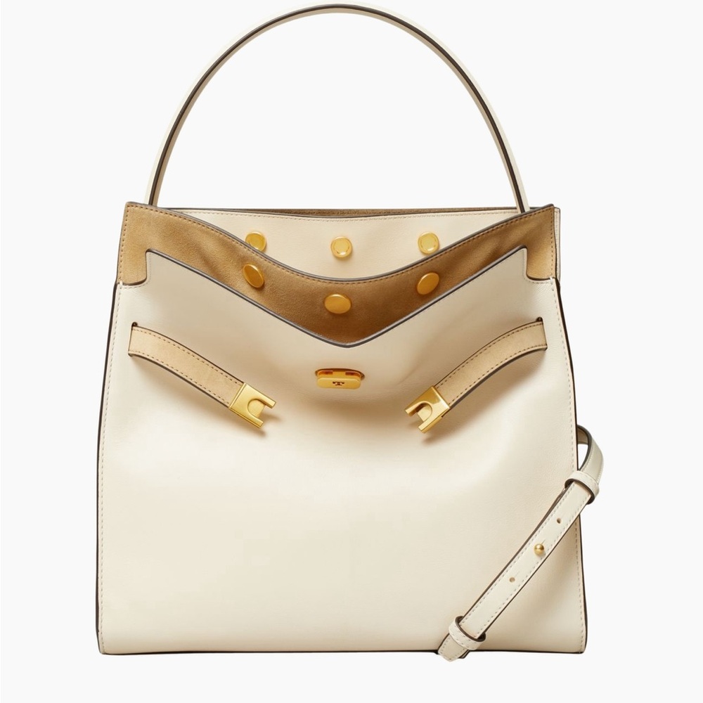 Tory Burch Small Lee Radziwill Leather and Suede Double Bag in Cream
